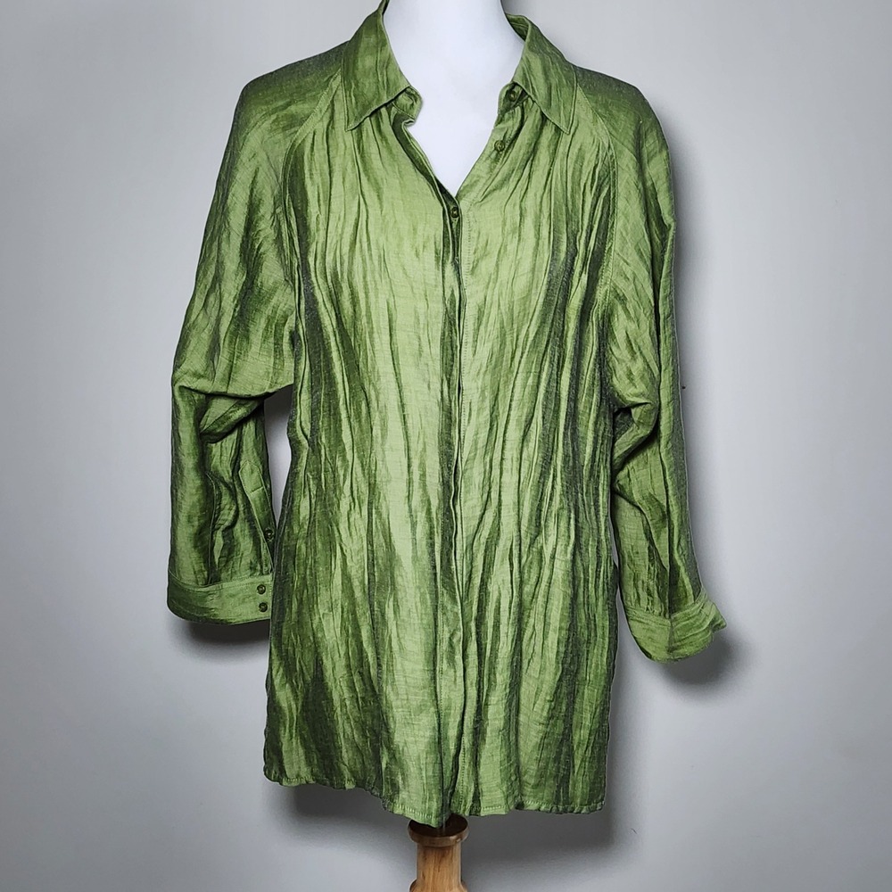 Linen Blend Shirt Tunic Womens XL Green Textured Boho Vacation Tropical Earthy